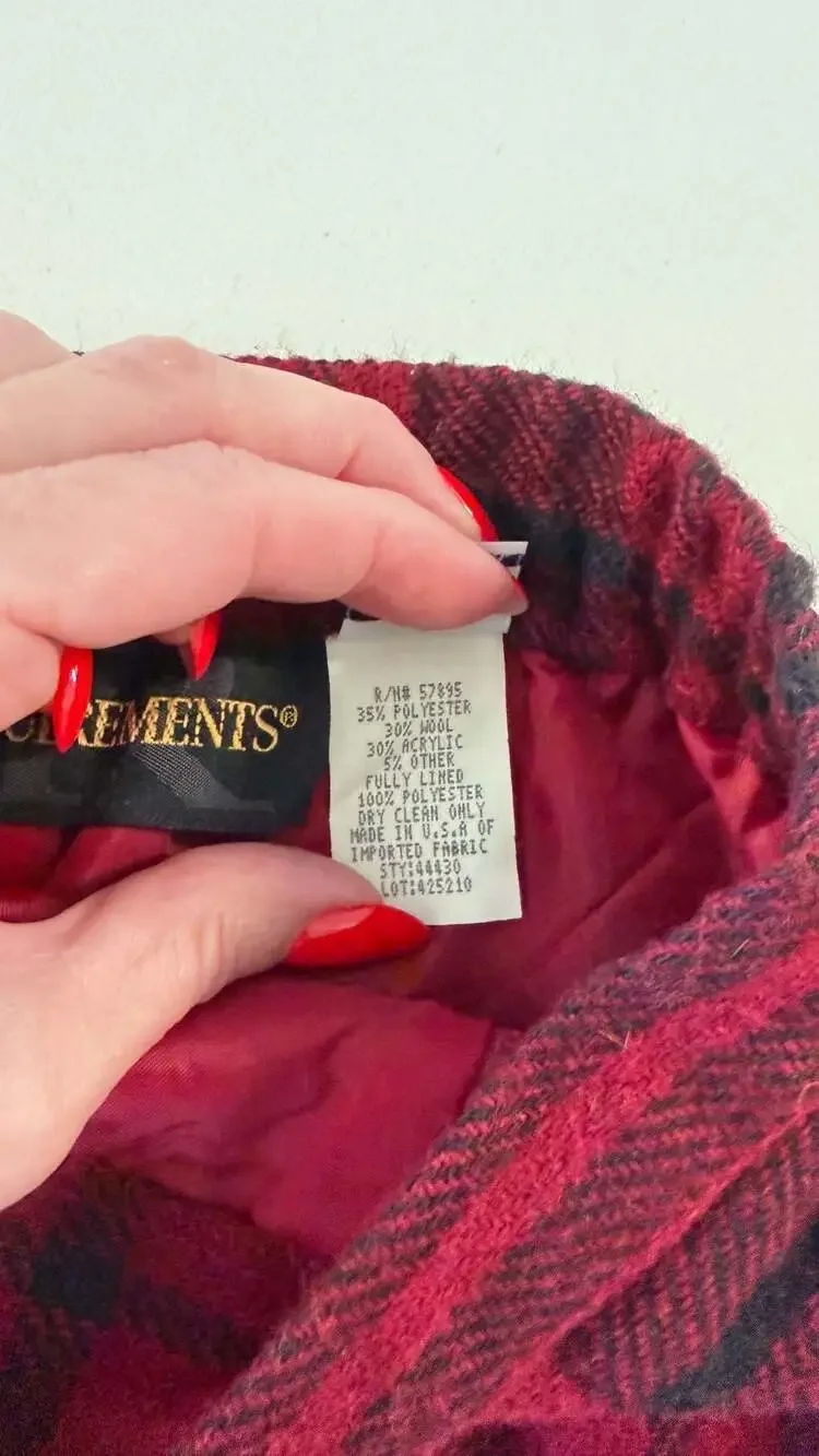 Vintage Red Black Plaid Wool Blend Midi Skirt with Fringe Size 14